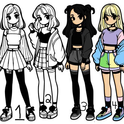 one girl with crop-top shirt and a jacket with a skirt, long socks and another girl with a shirt and pants with a jacket