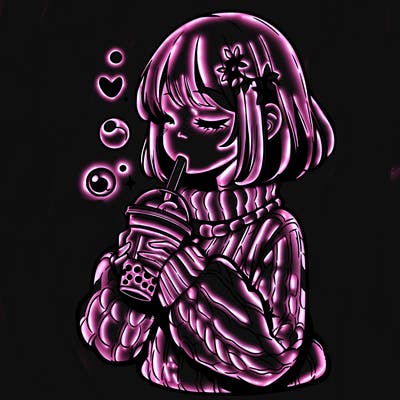 manga girl drinking boba in cozy sweater