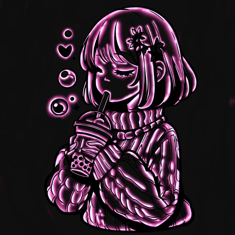 manga girl drinking boba in cozy sweater