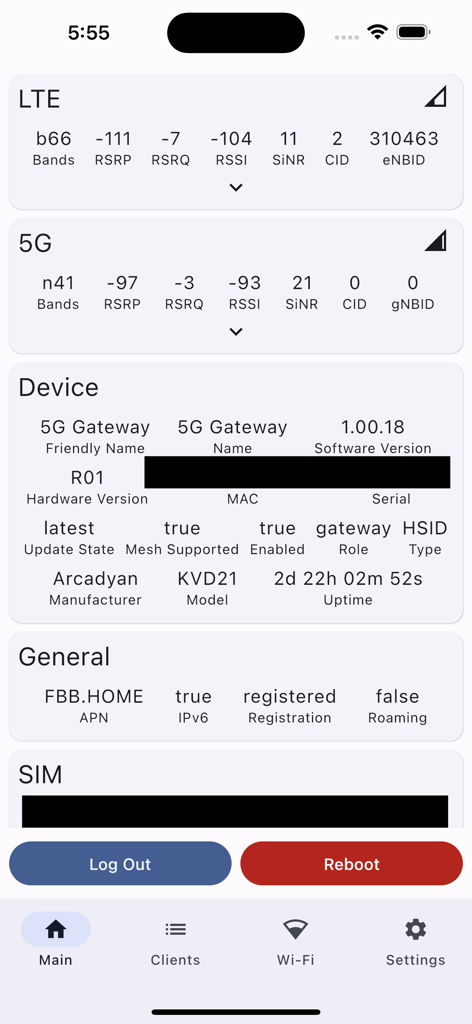 T-Mobile 홈 인터넷 게이트웨이에 대한 고급 5G 및 LTE 신호 통계 및 장치 정보를 보여주는 HINT Control 대시보드.