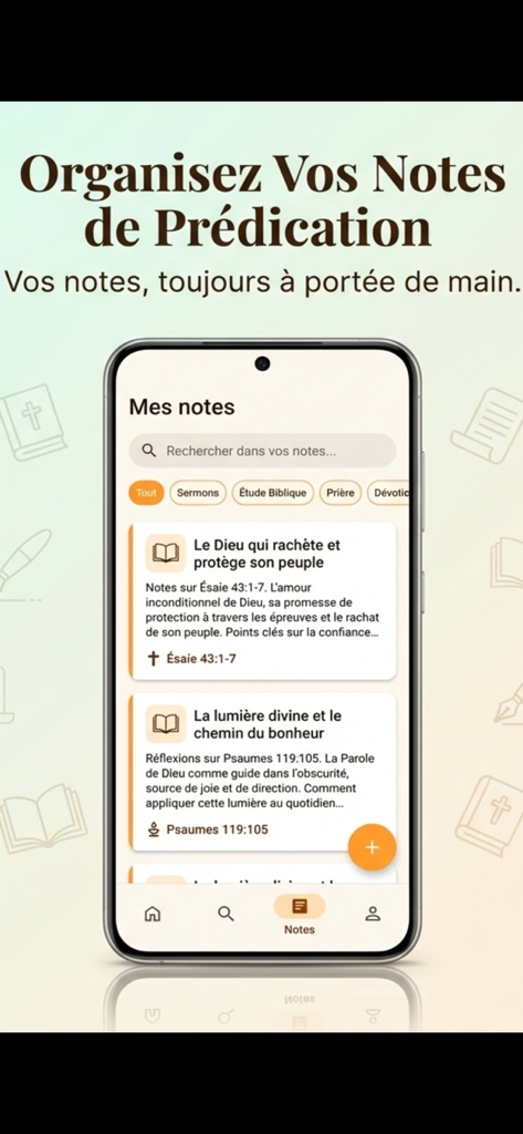 Bildschirm zur Organisation von Predigtnotizen und Bibelstudien in der französischen Louis Segond 1910 App