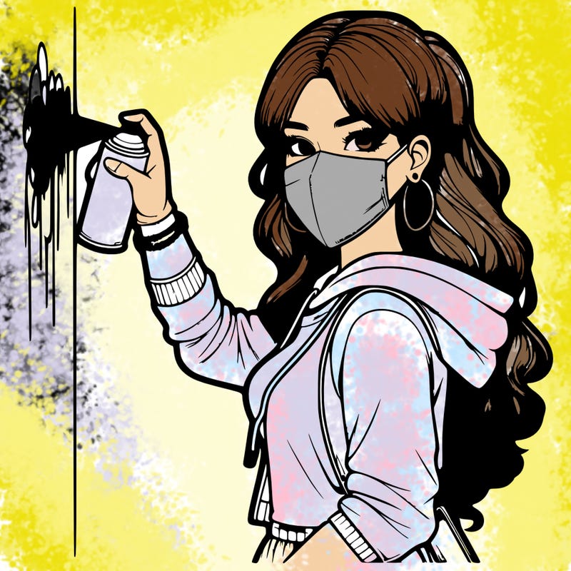 realistic girl with mask spray painting a wall