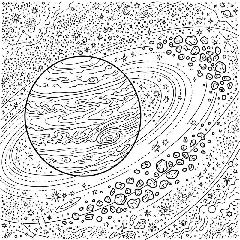 Dive into the vastness of space with this detailed coloring page featuring Jupiter's fascinating Trojan Asteroids. Explore the swirling gas giant and its orbiting celestial companions, perfect for aspiring astronomers and space enthusiasts.