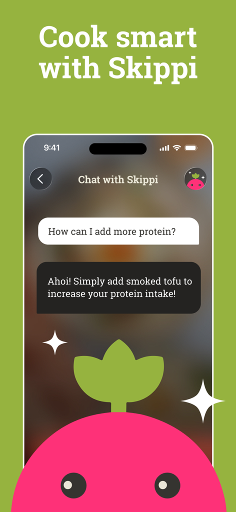Ein Screenshot der KptnCook-App, der einen Chat mit dem Skippi KI-Assistenten für Tipps zum gesunden Kochen und Ratschläge zu Zutaten zeigt.