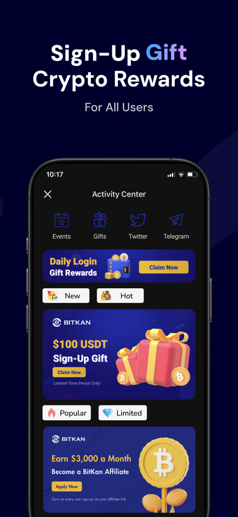 BitKan: Buy Bitcoin & Crypto - Pantalla de la aplicación BitKan que muestra un regalo de 100 USDT por registrarse y recompensas por inicio de sesión diario en el centro de actividades