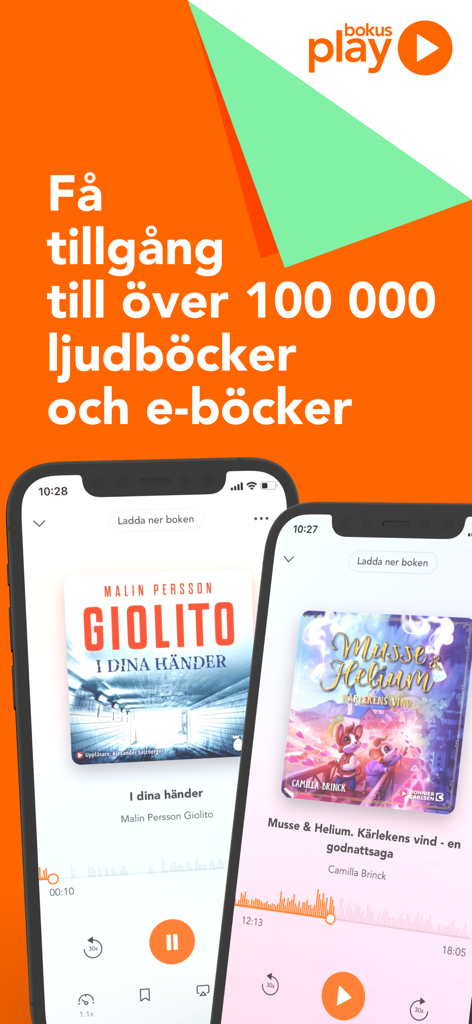 Mobile app interface for Bokus Play showing Swedish audiobooks and ebooks on two smartphones