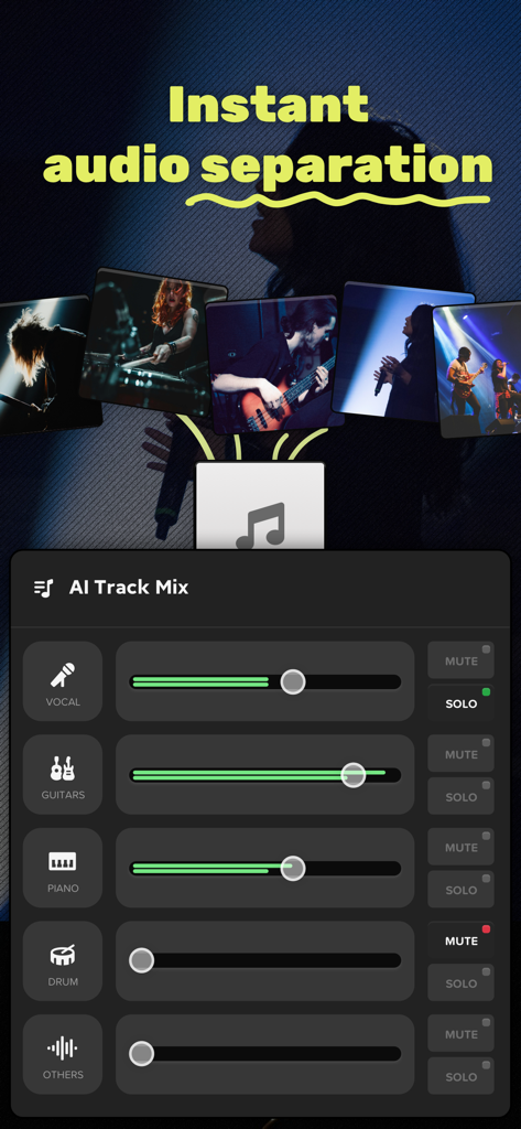 Aplicación Audio Jam que muestra la separación de pistas con IA para voces e instrumentos con controles de volumen independientes