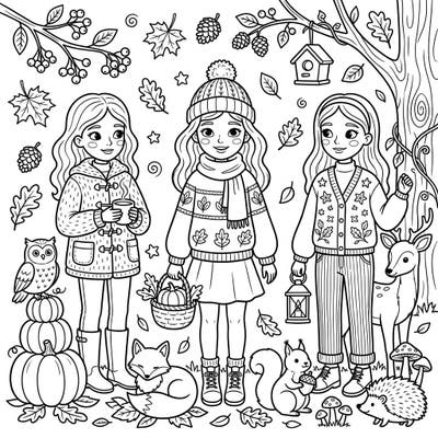 Celebrate the vibrant colors of fall with this delightful coloring page featuring three friendly princesses enjoying an autumn day. Young artists will love bringing this charming scene of cozy fashion and woodland creatures to life.