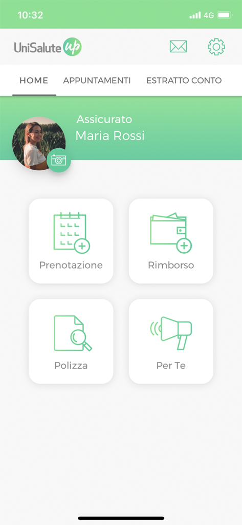 UniSalute Up app home screen showing the main dashboard with options for booking appointments and managing reimbursements