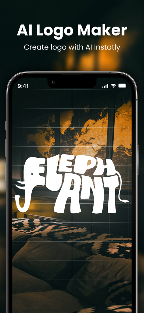 AI Logo Maker & Design Studio - Interfaz de la aplicación AI Logo Maker mostrando un diseño creativo de logo tipográfico de elefante en la pantalla de un iPhone.