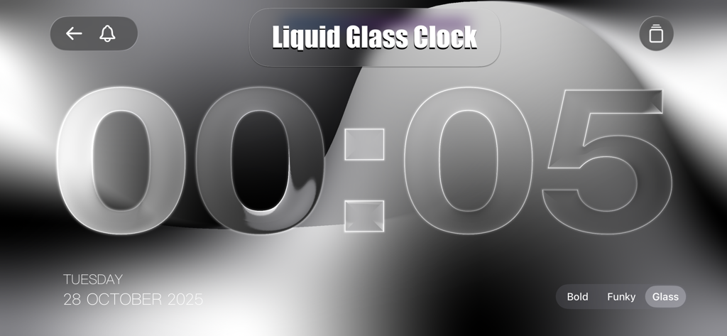 Big Clock - Pro Time Widgets - Relógio digital em tela cheia com tema de vidro líquido em um fundo monocromático.