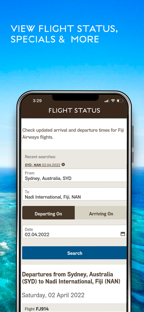 시드니에서 피지로 가는 항공편 검색 옵션을 보여주는 피지 항공 모바일 앱 항공편 상태 화면