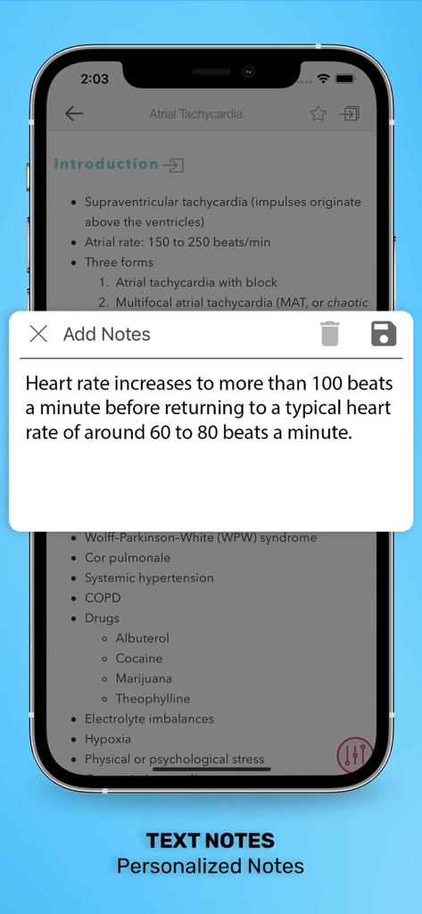 ECG Interpretation: Pkt Guide - Screen showing the personalized text notes feature in the ECG Interpretation pocket guide app