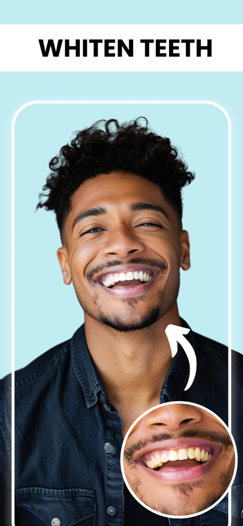 Retouch - AI Face Editor - Uma demonstração do recurso de clareamento de dentes com IA com uma comparação antes e depois em um homem sorrindo