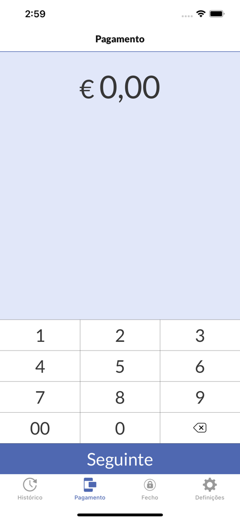 The payment interface of the mPOS mobile app displaying a numeric keypad to enter a transaction amount in euros.