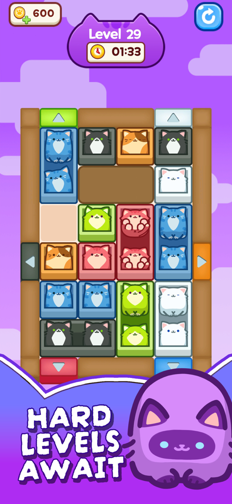 Cat Escape! - Captura de pantalla del juego móvil Cat Escape que muestra el rompecabezas de bloques del nivel 29 con gatos coloridos y texto que dice 'los niveles difíciles esperan'