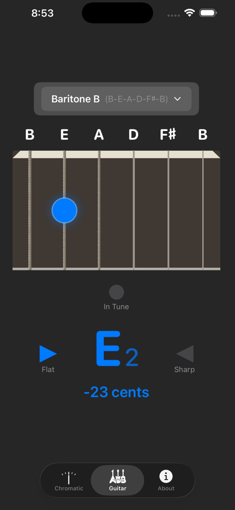 Just Tune app interface showing guitar fretboard visualization and baritone tuning mode