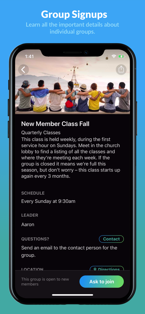 Écran de l'application Church Center montrant les détails d'inscription au groupe pour une classe de nouveaux membres.