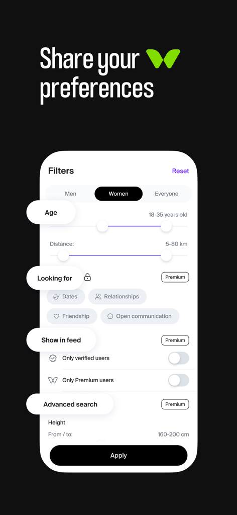 Twinby app search filters screen showing options for gender, age, distance, and relationship preferences.