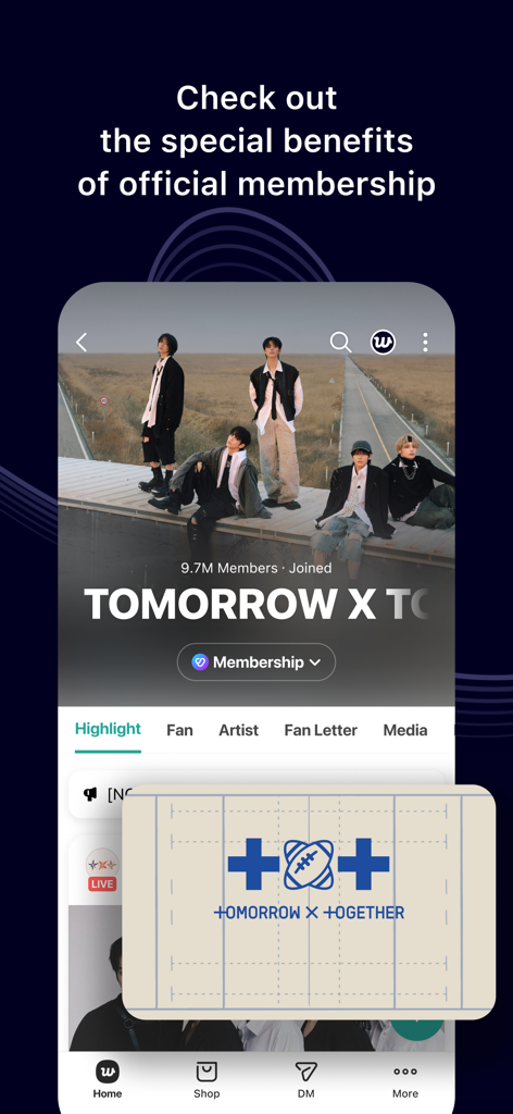 Weverse mobile app interface showing official membership benefits for the artist group Tomorrow X Together