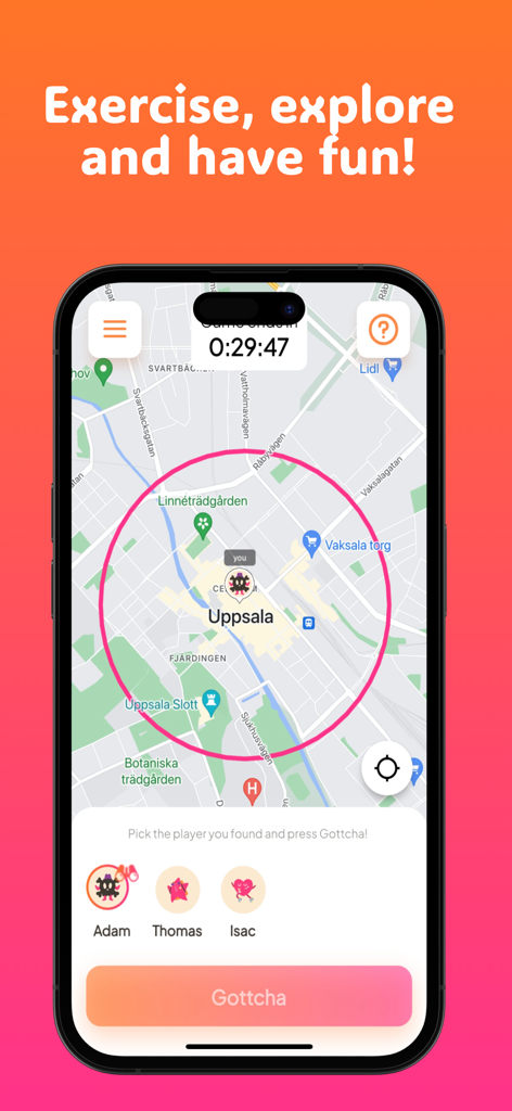 Captura de pantalla de la aplicación Gottcha que muestra un mapa GPS con una zona de juego circular rosa y un botón para marcar a los jugadores encontrados.