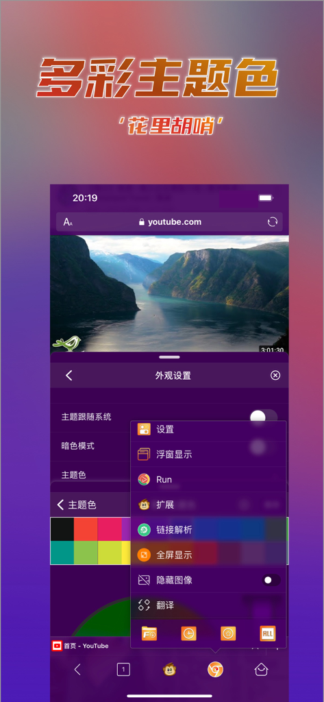 Interfaccia del browser Foxok che mostra le impostazioni del tema colorato e le opzioni della modalità scura
