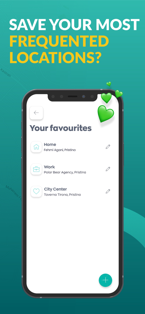 ETAXI. - ETAXI app interface showing a list of saved favorite locations like Home and Work