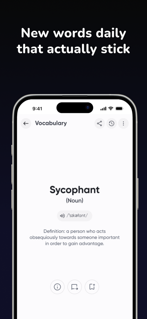 Interface de l'application Professor Curious montrant la définition et la prononciation du mot sycophant pour l'apprentissage quotidien du vocabulaire