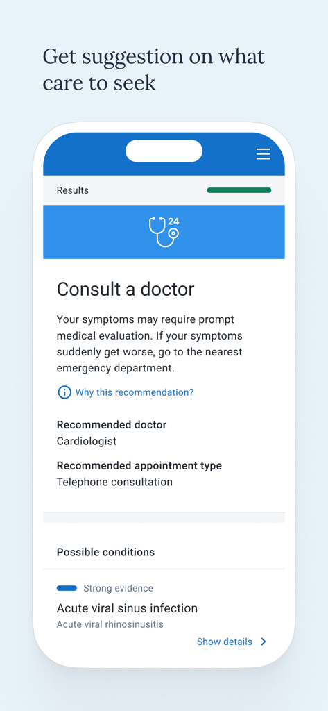 Pantalla de la aplicación Symptomate que muestra una recomendación para consultar a un médico