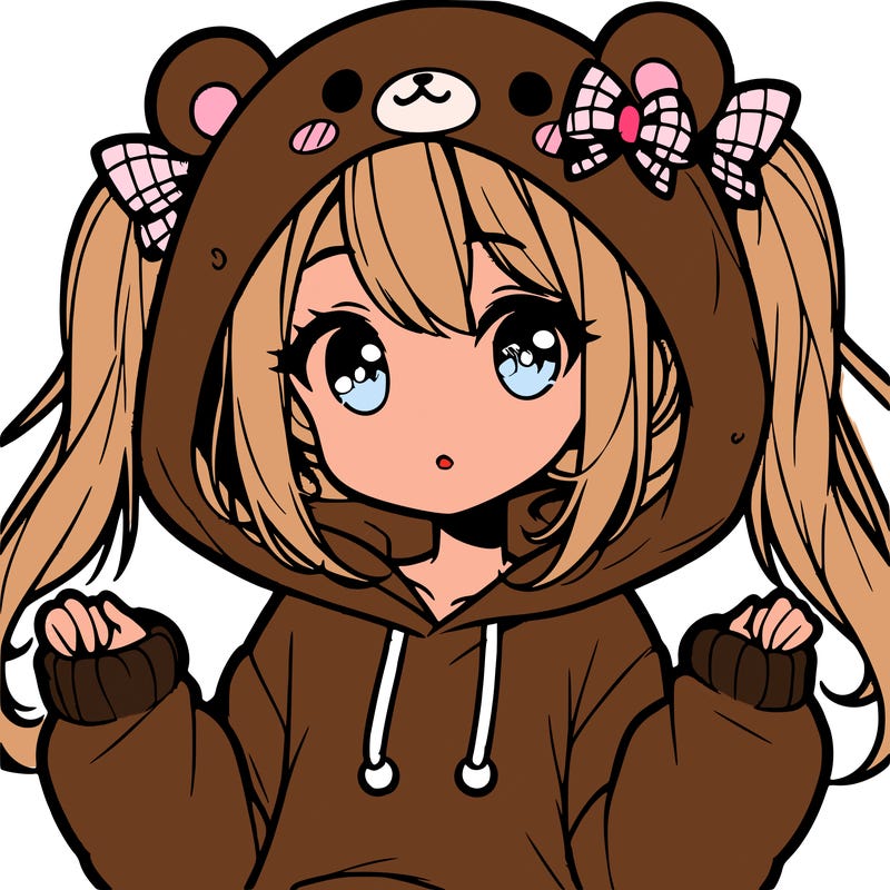 cute anime girl with ponytails and a cute bear hoodie