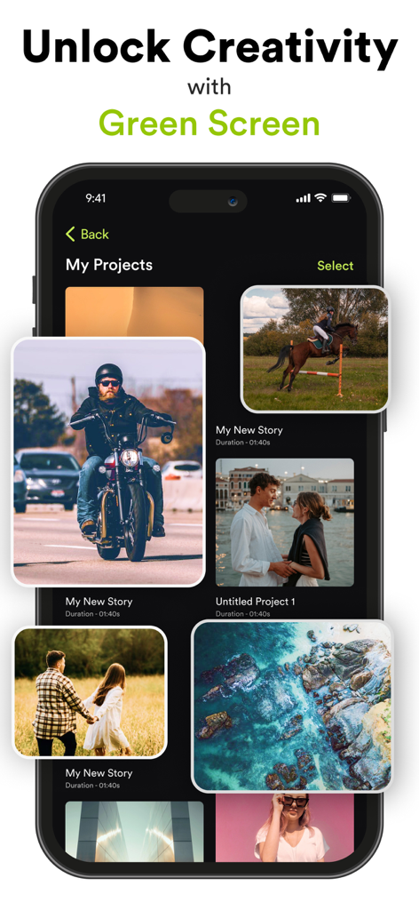VILO: Video Editor Reel Maker - 多様なビデオサムネイルとグリーンバック機能の見出しが表示されたViloビデオエディタのプロジェクトギャラリーを表示するスマートフォン。