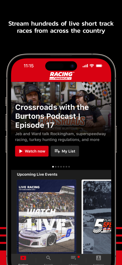 RacingAmerica.tv - RacingAmerica.tv mobile app showing live racing events and a motorsports podcast