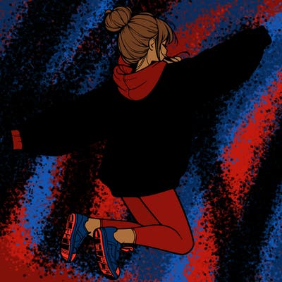 realistic girl jumping with a bun and oversized sweatshirt