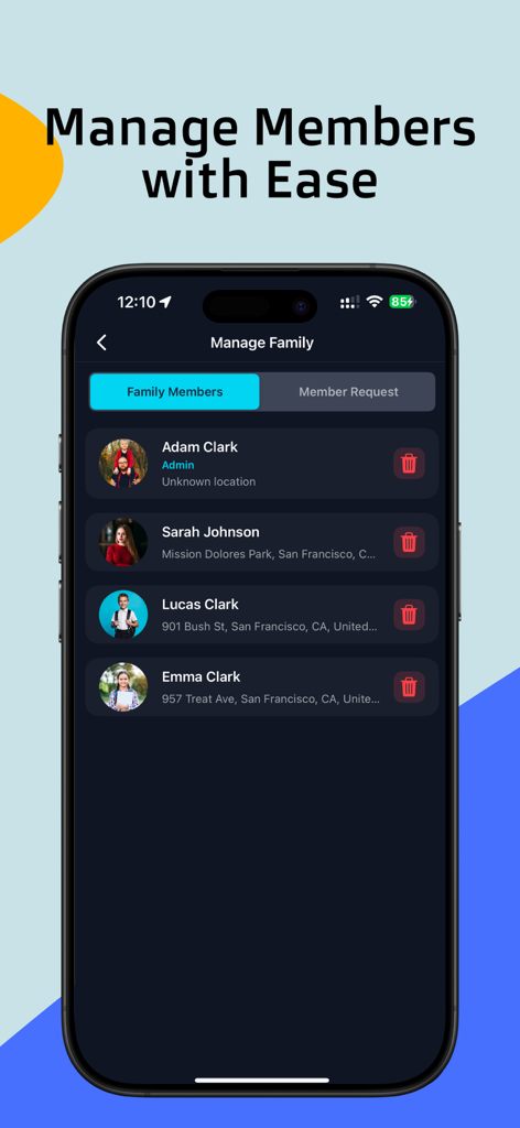 Haven: Find Phone Location - La pantalla de gestión de miembros de la familia en la app Haven mostrando nombres y ubicaciones en tiempo real para un círculo de seguridad privado.