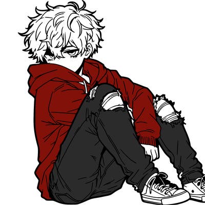 a male hoddie ripped jeans messy hair anime