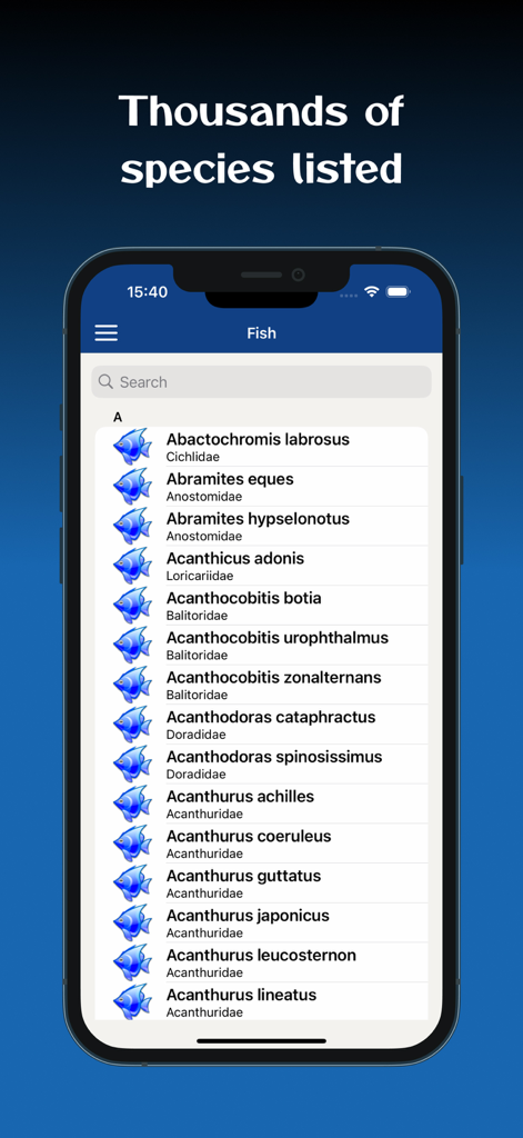 Aquarium Manager: Tank Log - Une liste consultable d'espèces de poissons dans l'encyclopédie intégrée de l'application Aquarium Manager.