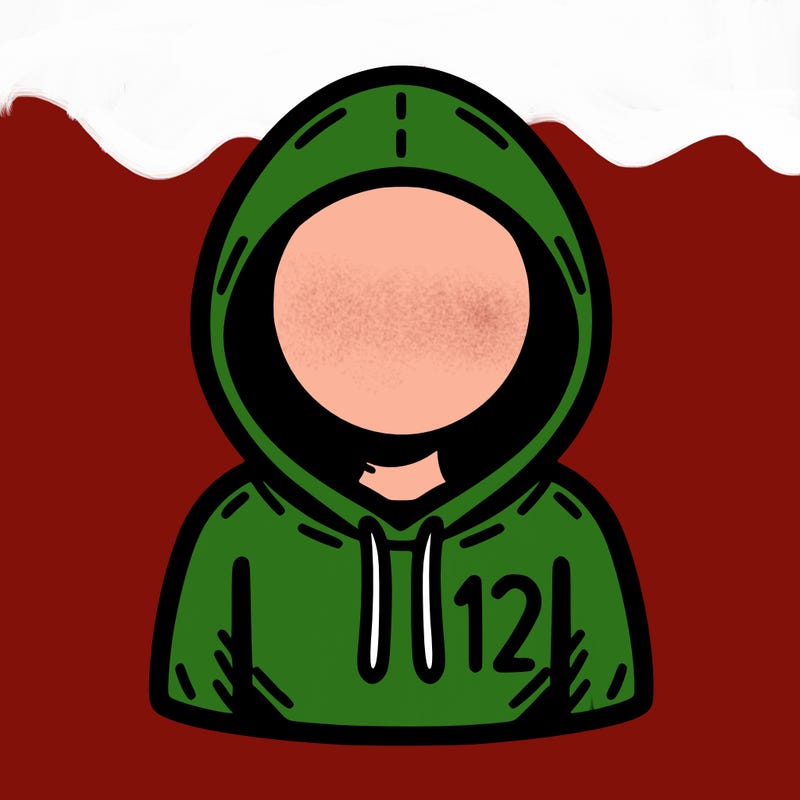 a person with non face waering a hoodie with a small 132 symbol