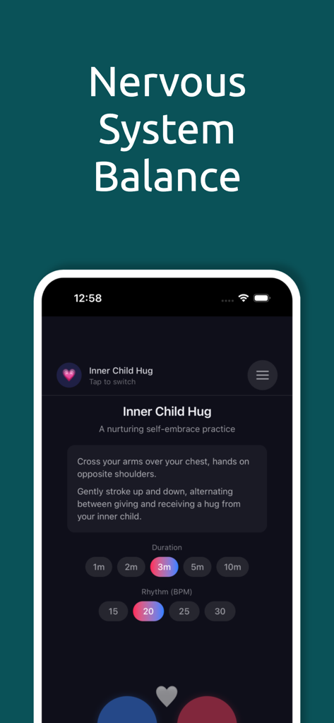 Regulator - Regulator app interface showing the Inner Child Hug somatic practice for nervous system balance.