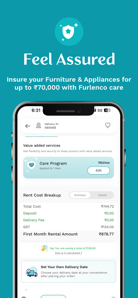 Furlenco - Schermata dell'app Furlenco che mostra il programma di assicurazione per i mobili e il dettaglio dei costi di noleggio.
