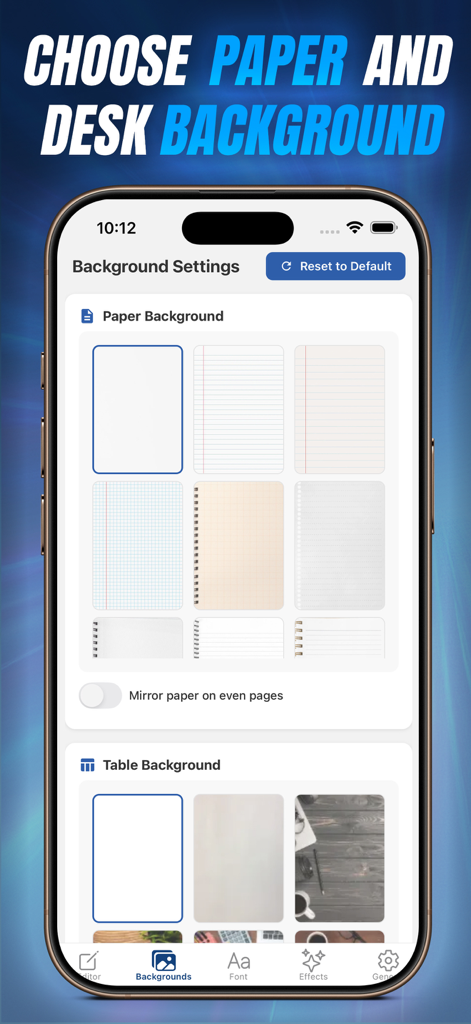 CursiveAI: Text to Handwriting - App screen showing various paper types and desk backgrounds for digital handwriting