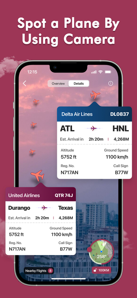 Spot Planes - Flights tracker - Interfaz de realidad aumentada que muestra superposiciones de datos de vuelos en vivo sobre aviones detectados a través de la cámara de un smartphone