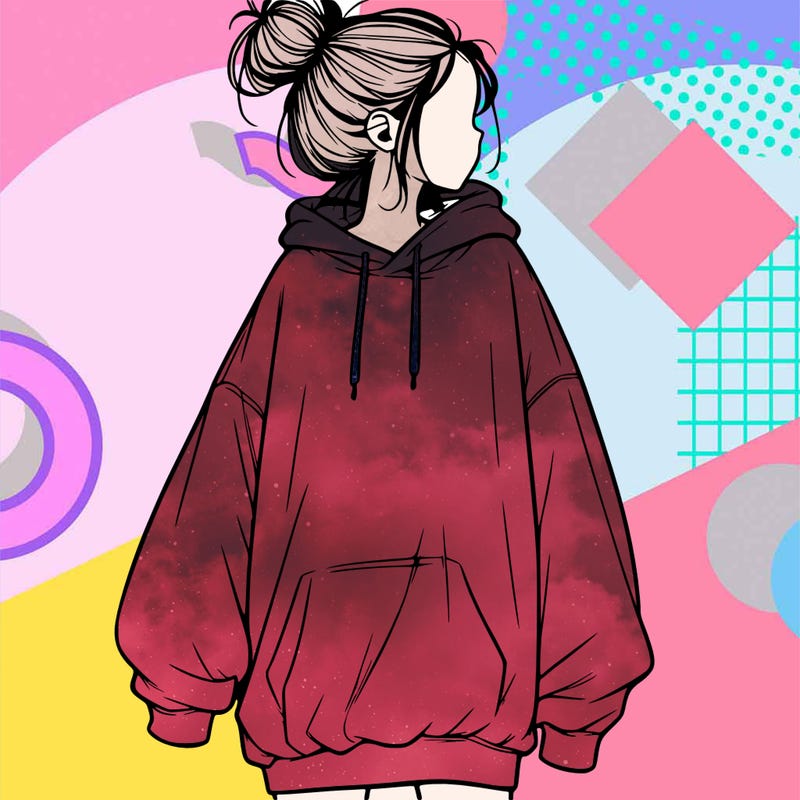 realistic girl with a oversized sweatshirt on and a bun