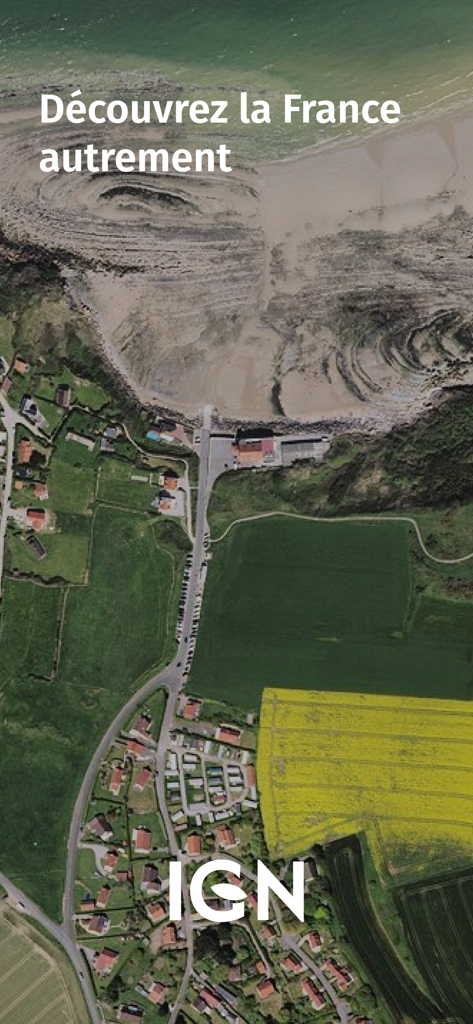Aerial view of a coastal French landscape from the Cartes IGN app featuring the IGN logo