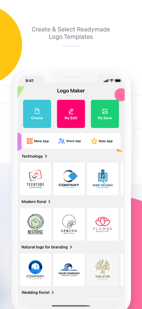 Logo Maker - Logo Templates - ビジネスおよびパーソナルブランディング向けのさまざまなロゴデザインテンプレートを表示するモバイルアプリのインターフェース。