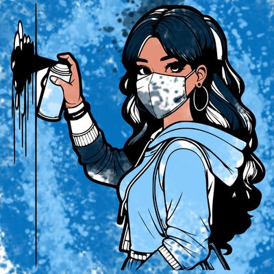 realistic girl with mask spray painting a wall