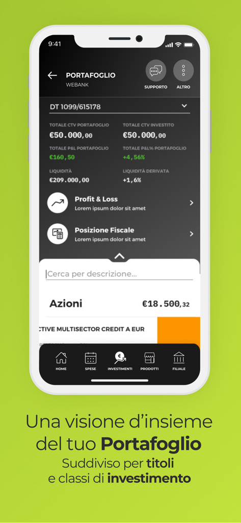 Interfaccia dell'app mobile Webank che mostra una panoramica dettagliata del portafoglio di investimenti con metriche di profitto e perdita e categorizzazione degli asset.