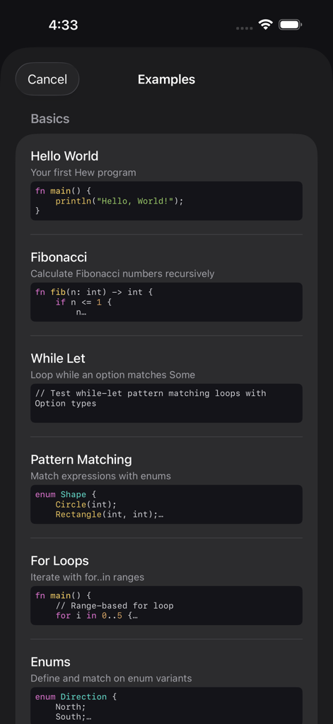 Hew Playground - A list of basic code examples in the Hew Playground app including Hello World and Fibonacci