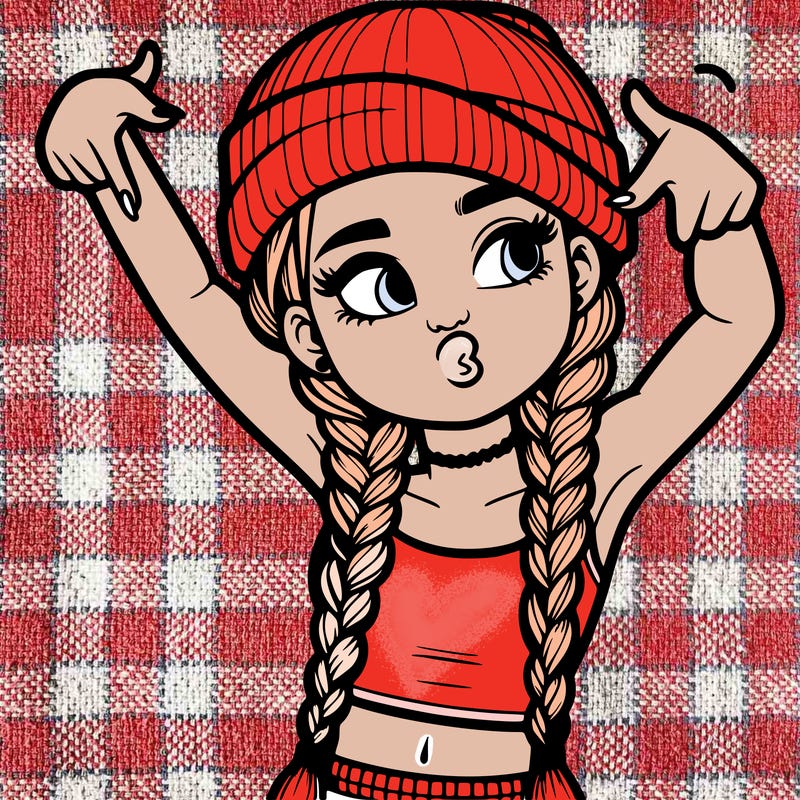 realistic teenage girl with braids and a beanie and crop top doing 🫶🏼
