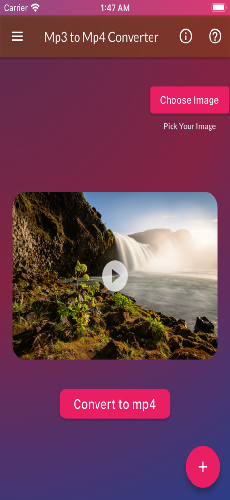 Mp3 to Mp4 Converterアプリのメイン画面。動画プレビューと変換ボタンが表示されています。