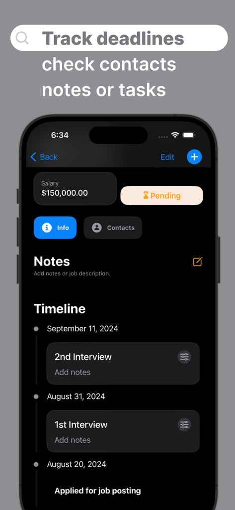 Job search organizer Applied - Vista de línea de tiempo de una solicitud de empleo que muestra fechas de entrevista y salario dentro de la aplicación Aplicado